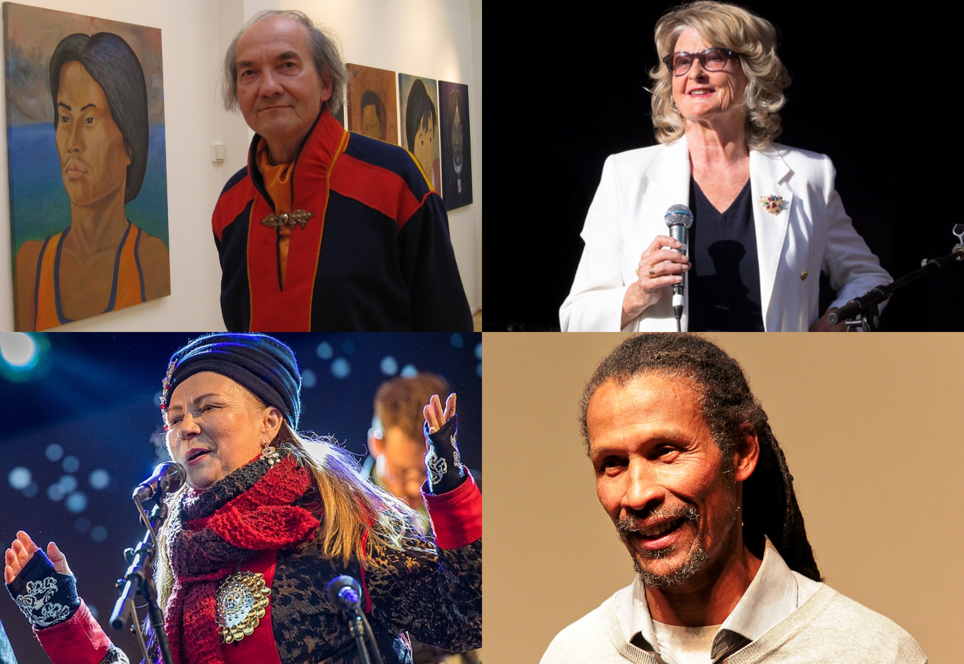 Hans Ragnar Mathisen / Elle-Hánsa, Karin Krog, Mari Boine og Cliff Moustache er blant tidlegare mottakarar av Kulturrådets ærespris. Foto: Privat / Erik Paus / Riddu Riđđu Festivàla / Nasibu Mwanukuzi