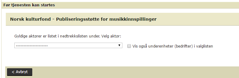 Når du klikker på «Gå til søknadsskjema» fra våre nettsider vil du etter pålogging i Altinn komme til dette bildet.