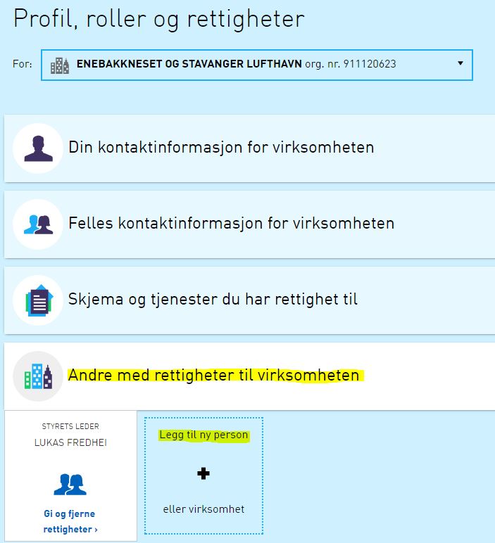 Klikk på «Andre med rettigheter til virksomheten» og velg «Legg til ny person»