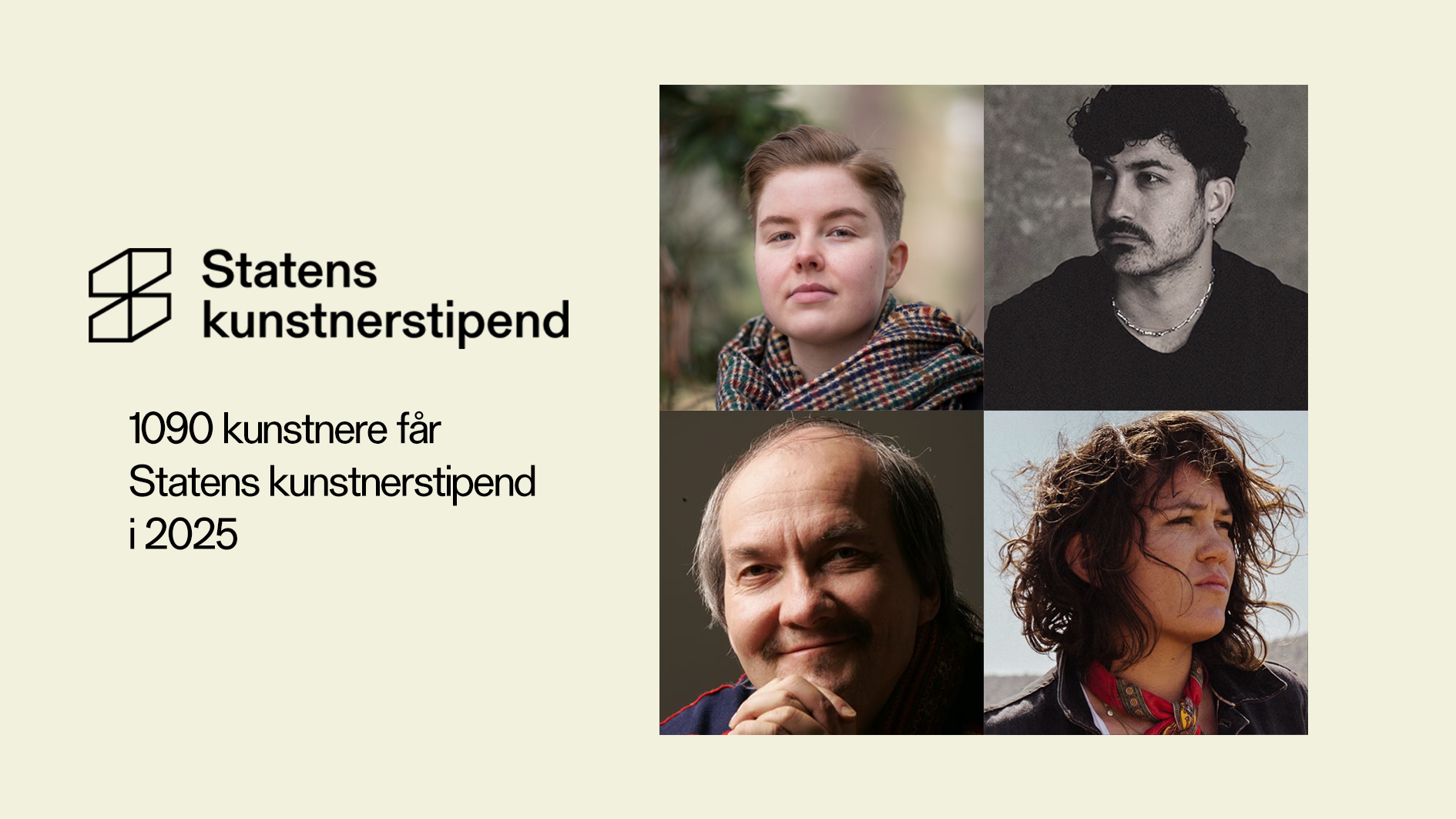 Blant de som får Statens kunstnerstipend i 2025 er øverst fra venstre: forfatter M. Seppola Simonsen (foto: Heidi Furre), kunsthåndverker Ali Shah Gallefoss (foto: Norske kunsthåndverkere), billedkunstner Hans-Ragnar Mathisen (foto: Jaconna Aguirre) og musiker Fay Wildhagen (foto: Johanna Siring).